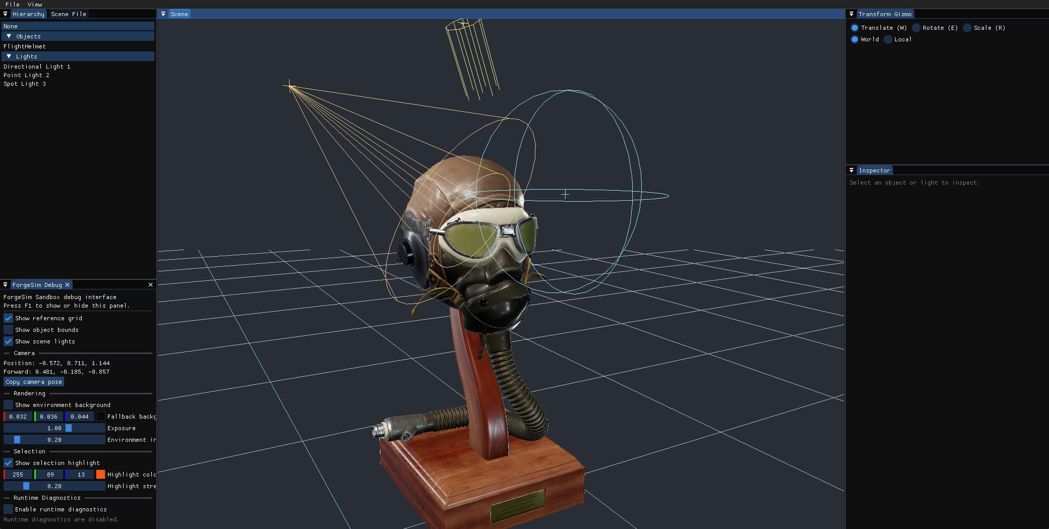 Flight Helmet rendered in ForgeSim's docked editor,
             with scene hierarchy and property controls.