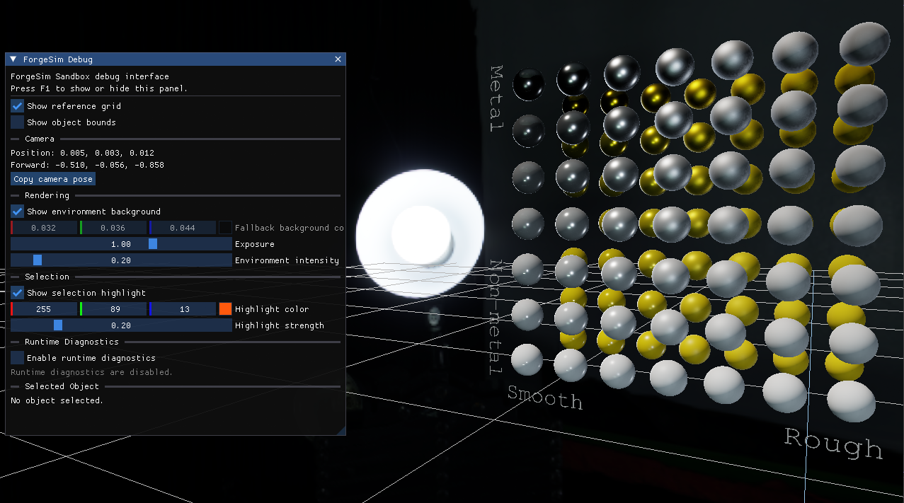 ForgeSim material gallery demonstrating metallic and
              dielectric surfaces with different roughness and textures.
